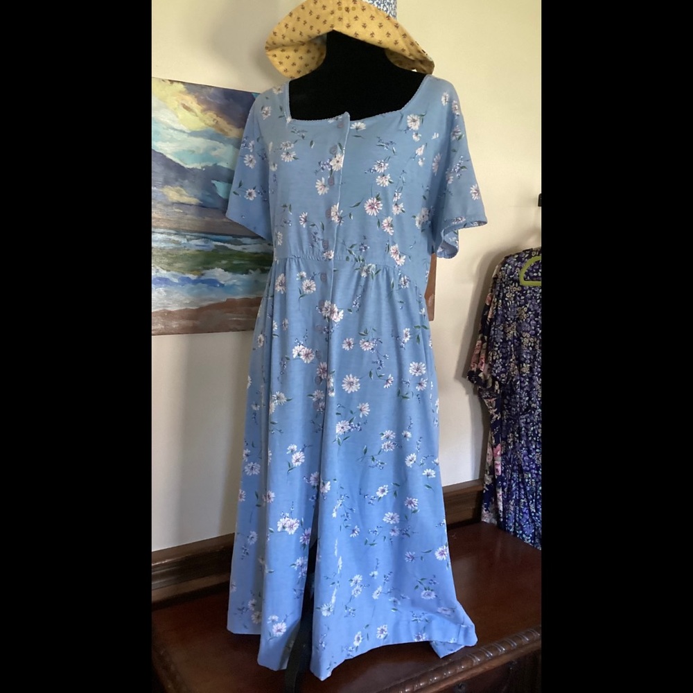 1X Baby Blue Vintage Cotton Blend Knit MIDI Dress Button Front Daisies! Cottage